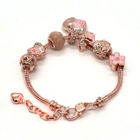 Bracelet Rose Gold Euro Beads with Heart Pendant. - Picture 2 of 3